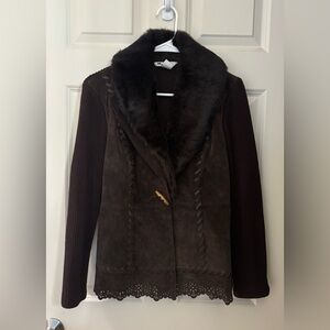 Vintage Y2K Nygard Collection Petite Suede and Faux Fur Sweater, Brown, Size S